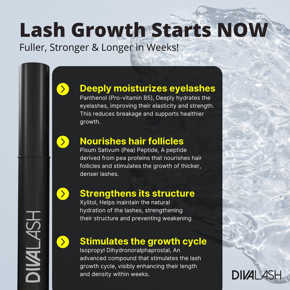 DIVASKIN divalash before and after comparison showing longer, fuller lashes