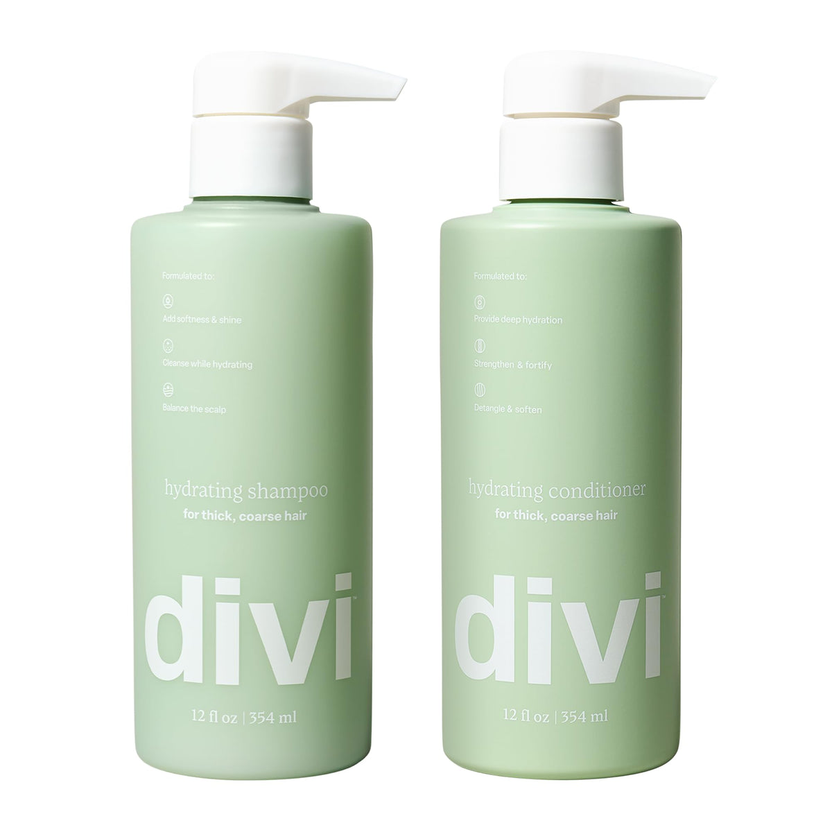 Divi front packaging showing hydrating shampoo and conditioner duo, clear benefits