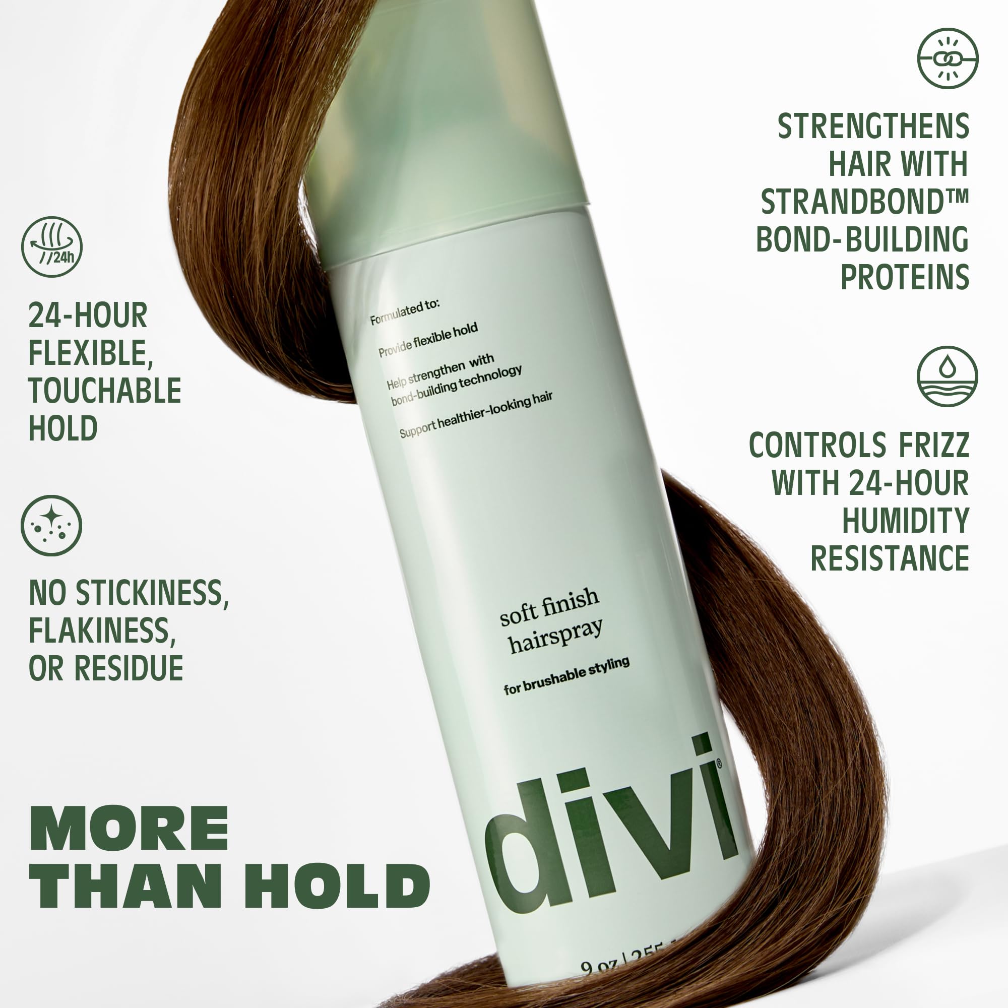 divi soft finish hairspray fine mist texture demonstrating even, lightweight coverage
