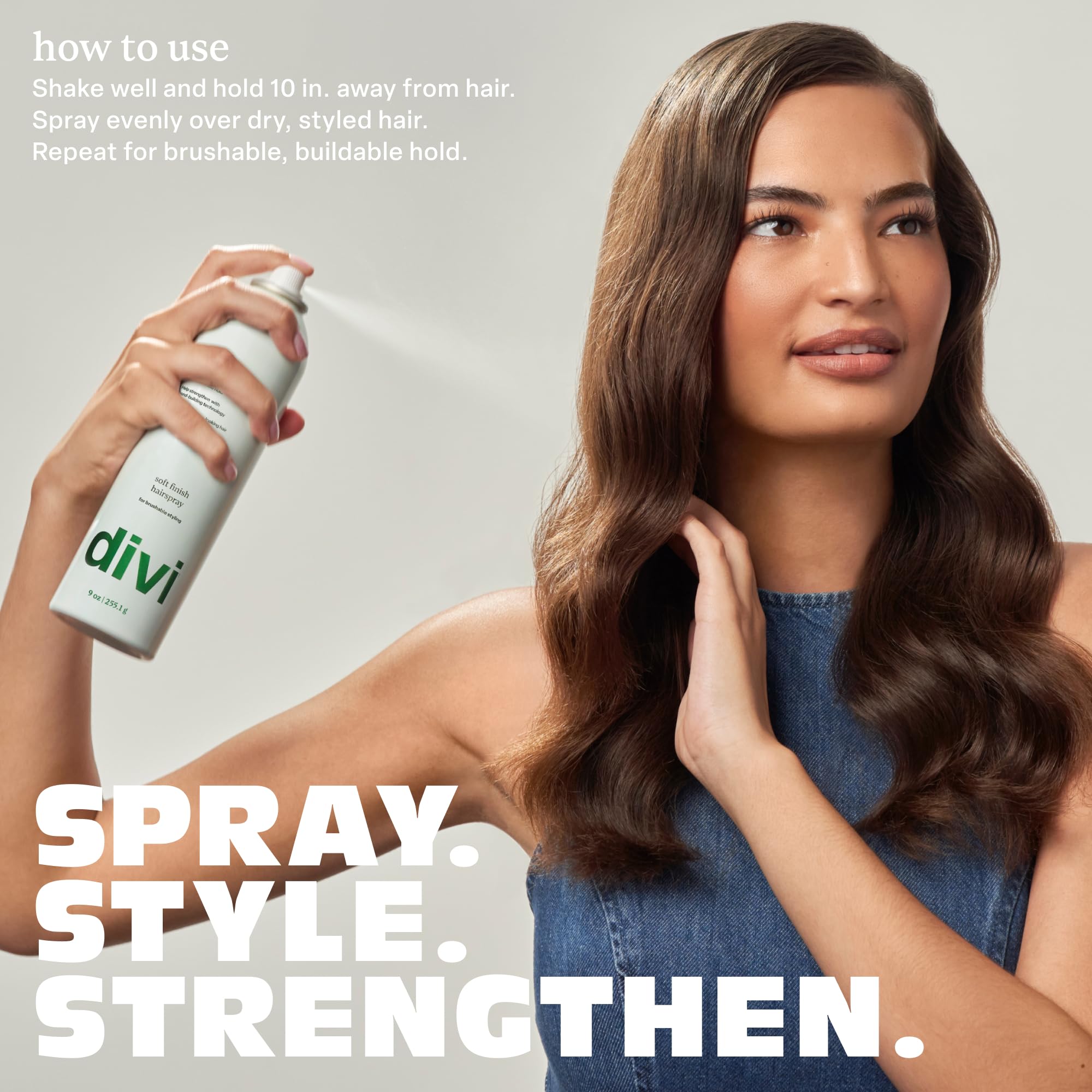 divi soft finish hairspray on model with styled hair showing smooth, frizz-resistant finish