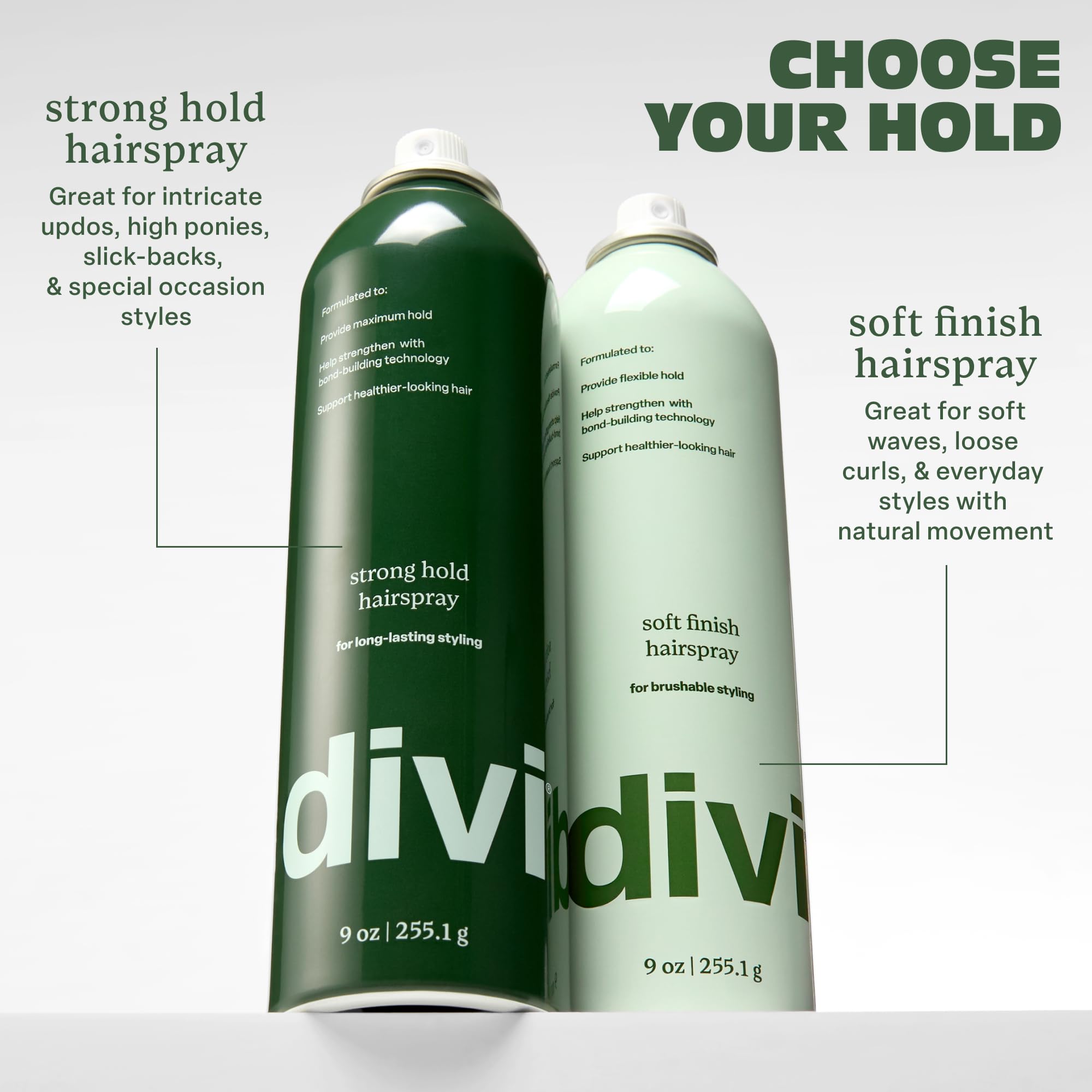 divi soft finish hairspray beside a hand for scale showing 9 fl oz size convenience