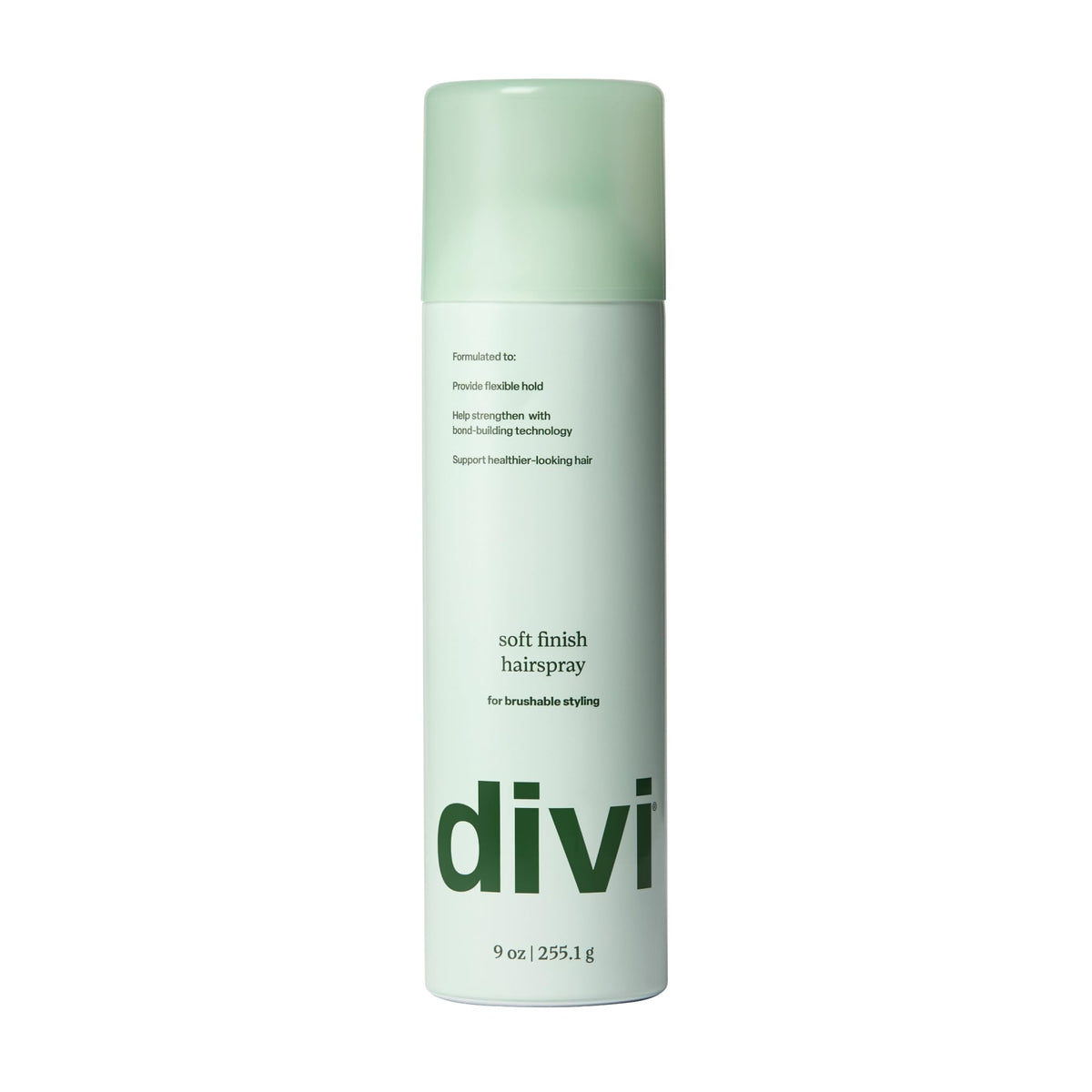 divi soft finish hairspray front packaging showing bottle and branding benefits
