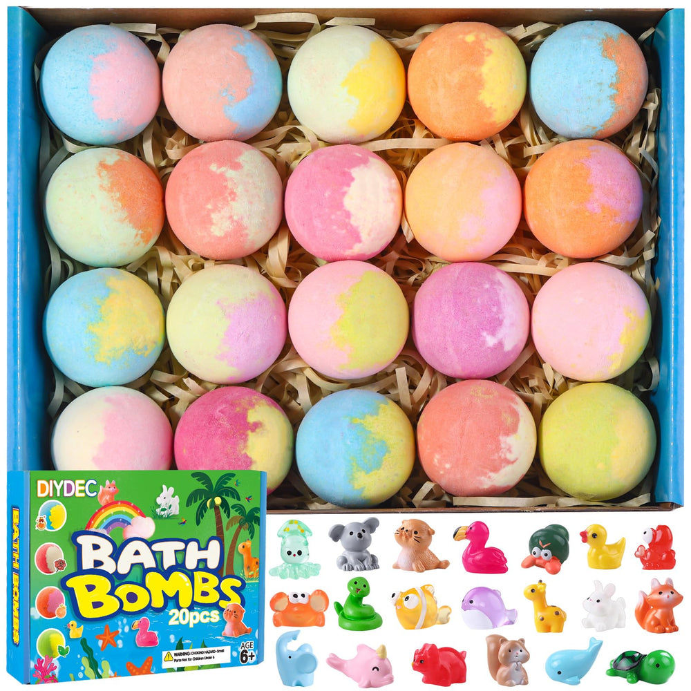 DIYDEC front packaging showing 20 colorful bath bombs and gift-ready box benefiting easy gifting