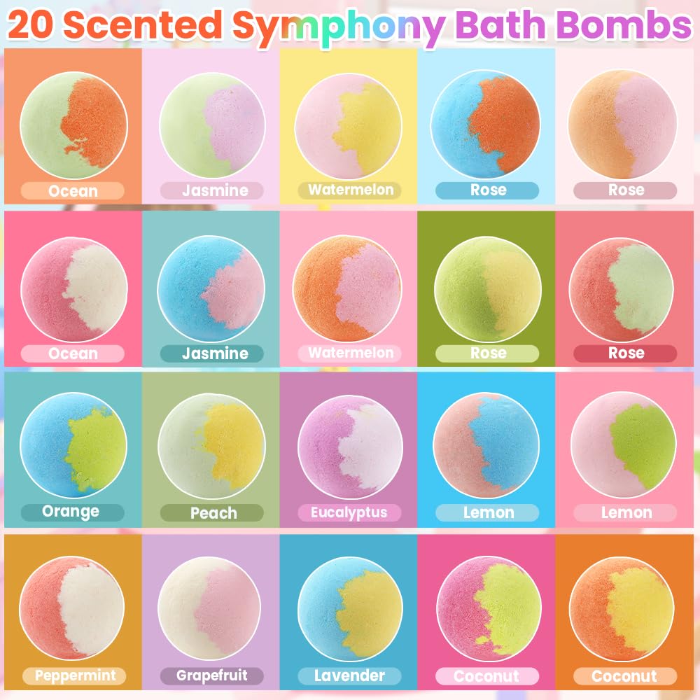 DIYDEC open box with all 20 scented bath bombs visible offering variety and surprise