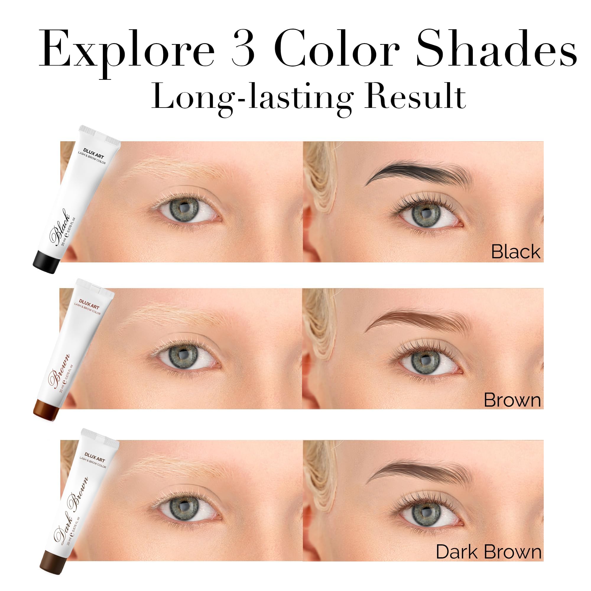 DLUX PROFESSIONAL before and after brows showing fuller defined appearance