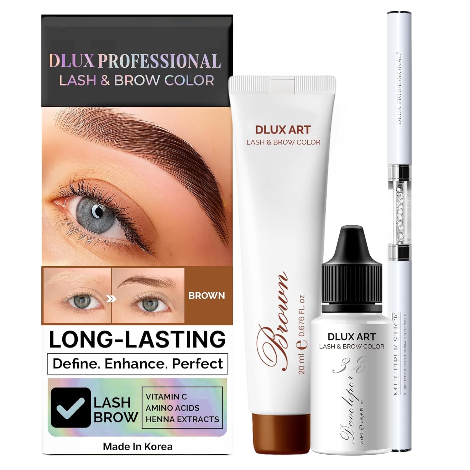 DLUX PROFESSIONAL front packaging showing the brown eyebrow color kit benefits clear instructions