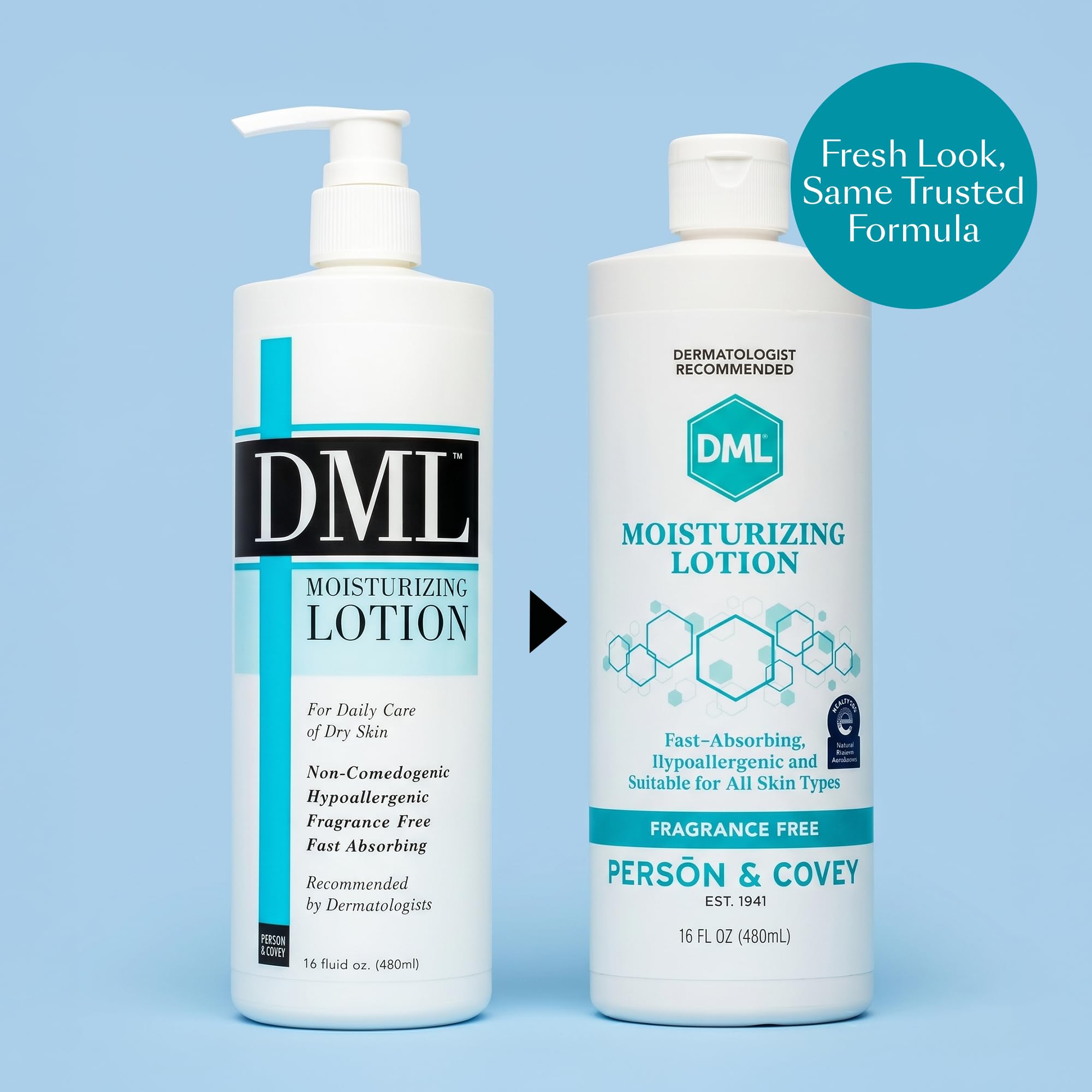 DML dispensing lotion pump with creamy texture, hydrates quickly