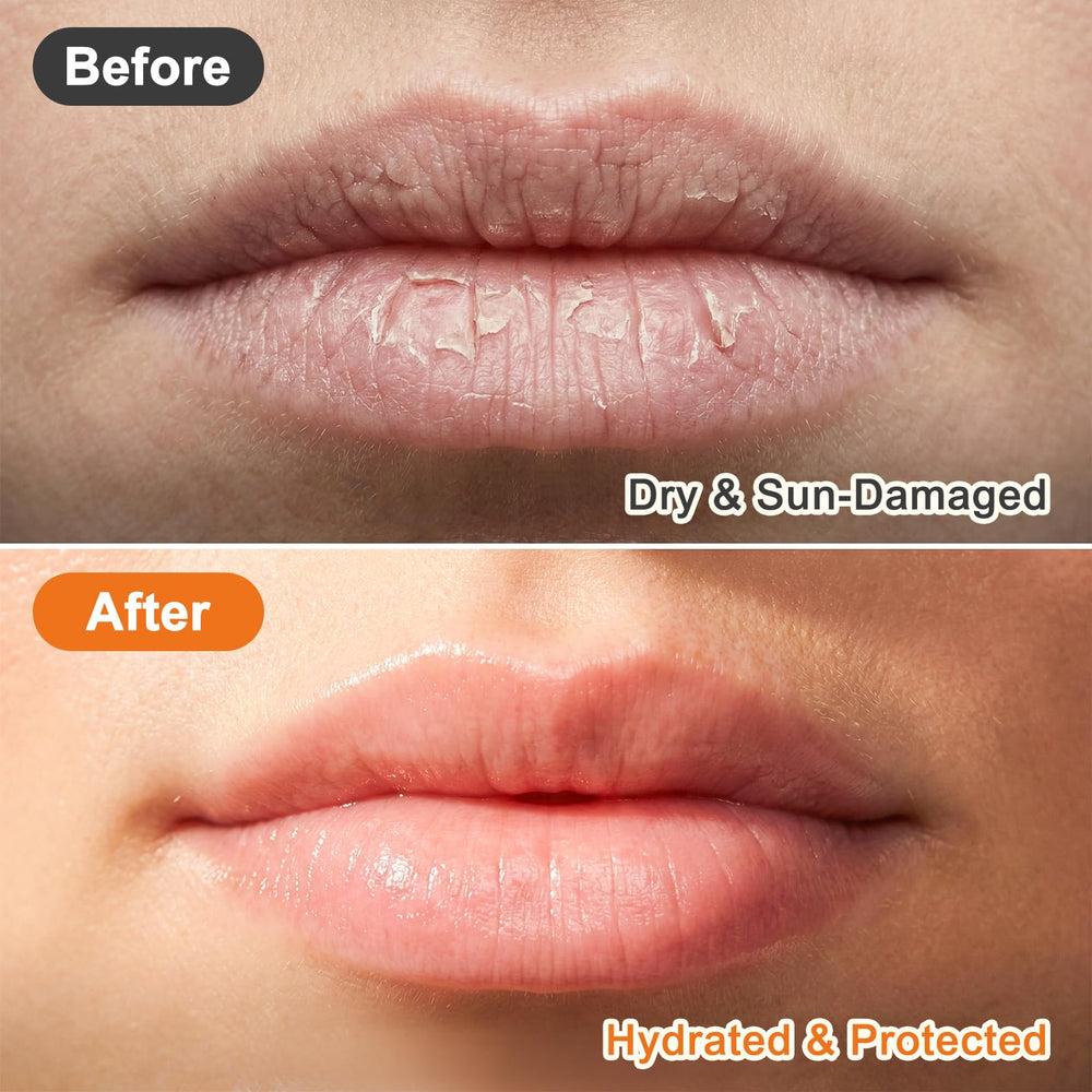 Dmsky balm applied on lips showing clear finish and sun protection