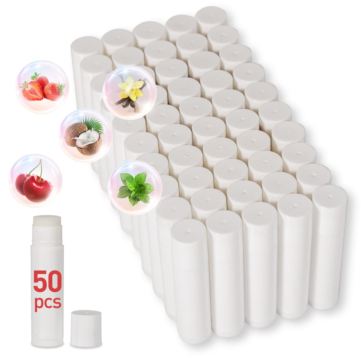 DMSKY front box display showing 50 unlabeled lip balm tubes and included labels for easy sorting