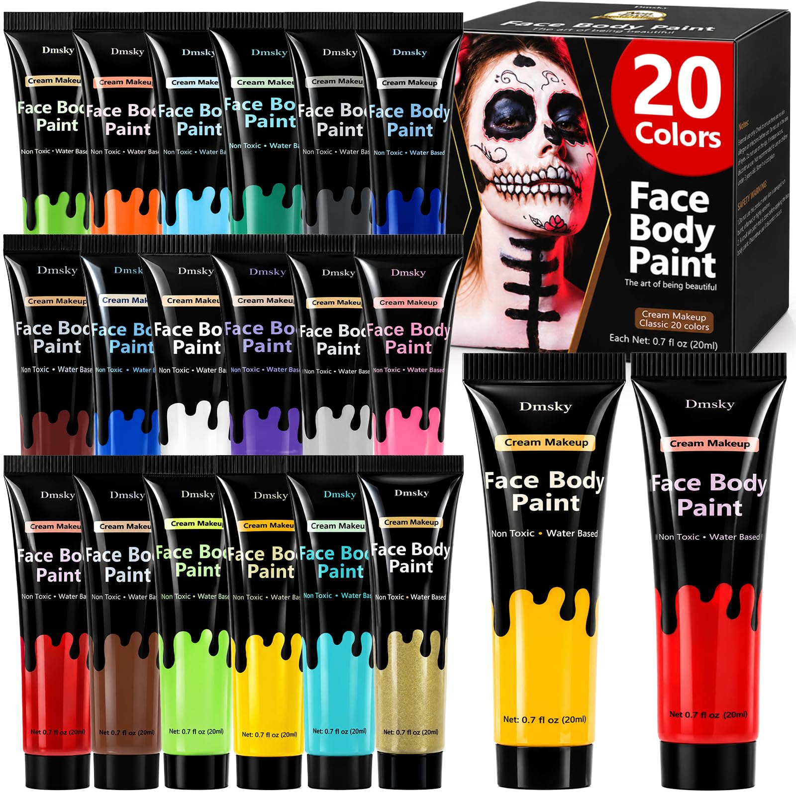Dmsky front packaging showing 20-color tubes and benefits