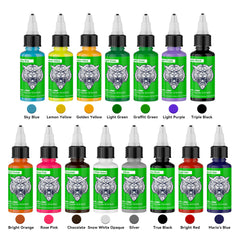 DMTATTOO color array flatlay demonstrating true-to-tone pigment range