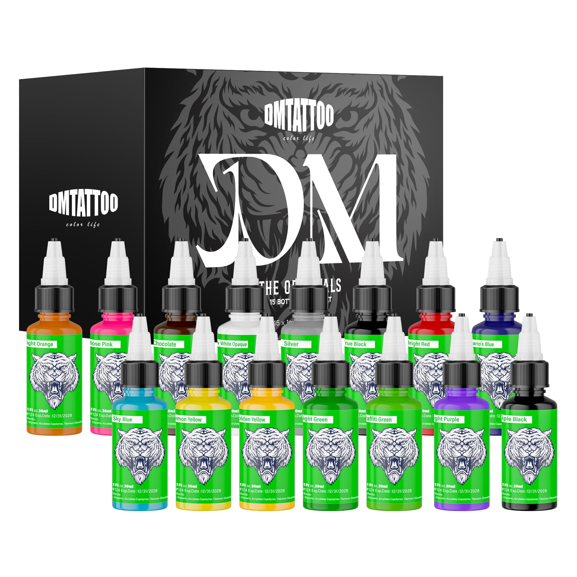 DMTATTOO front packaging showing 15-color kit for vibrant tattoo work