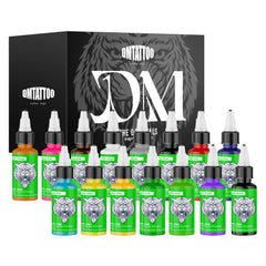 DMTATTOO front packaging showing 15-color kit for vibrant tattoo work
