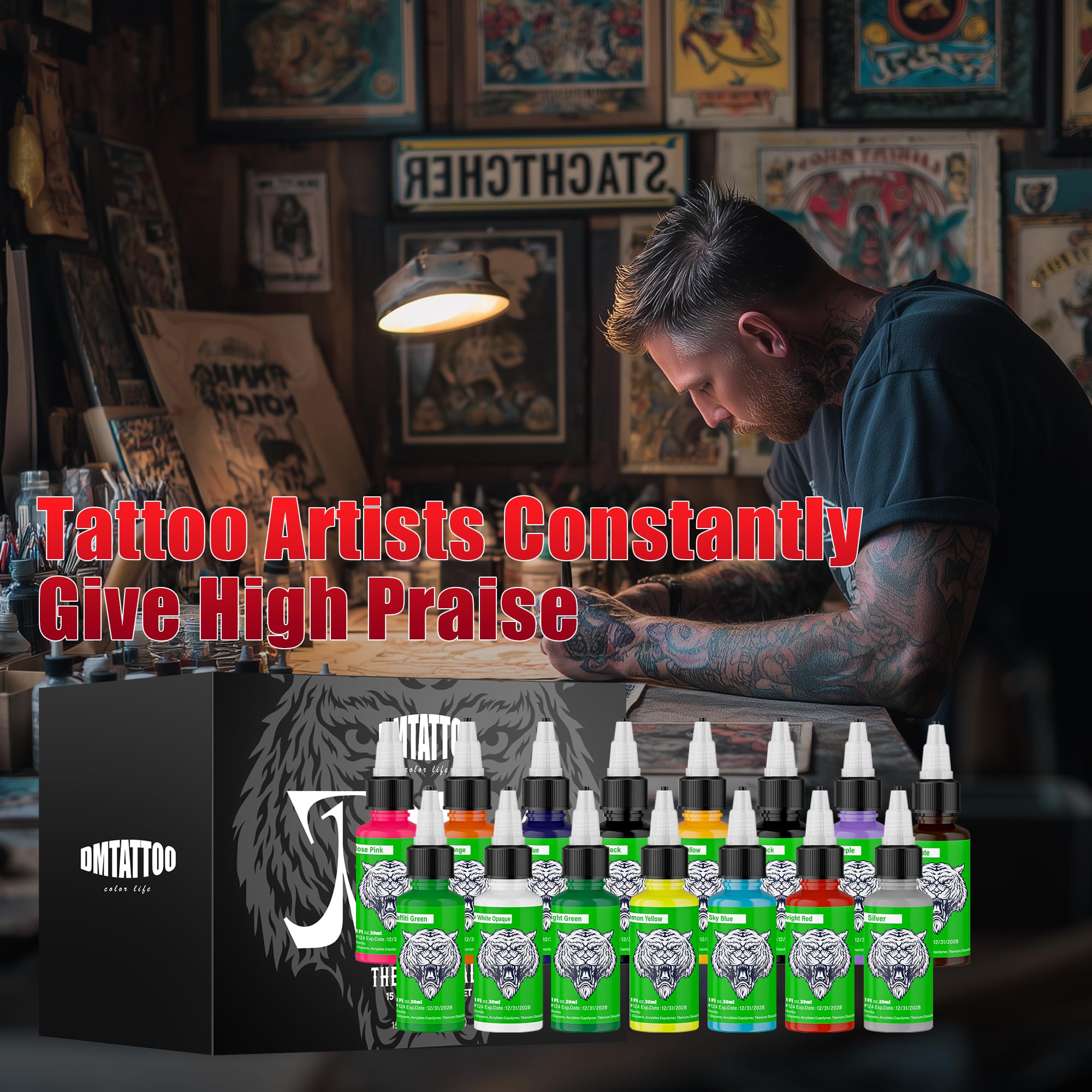 DMTATTOO in use on artist bench illustrating easy mixing and shading
