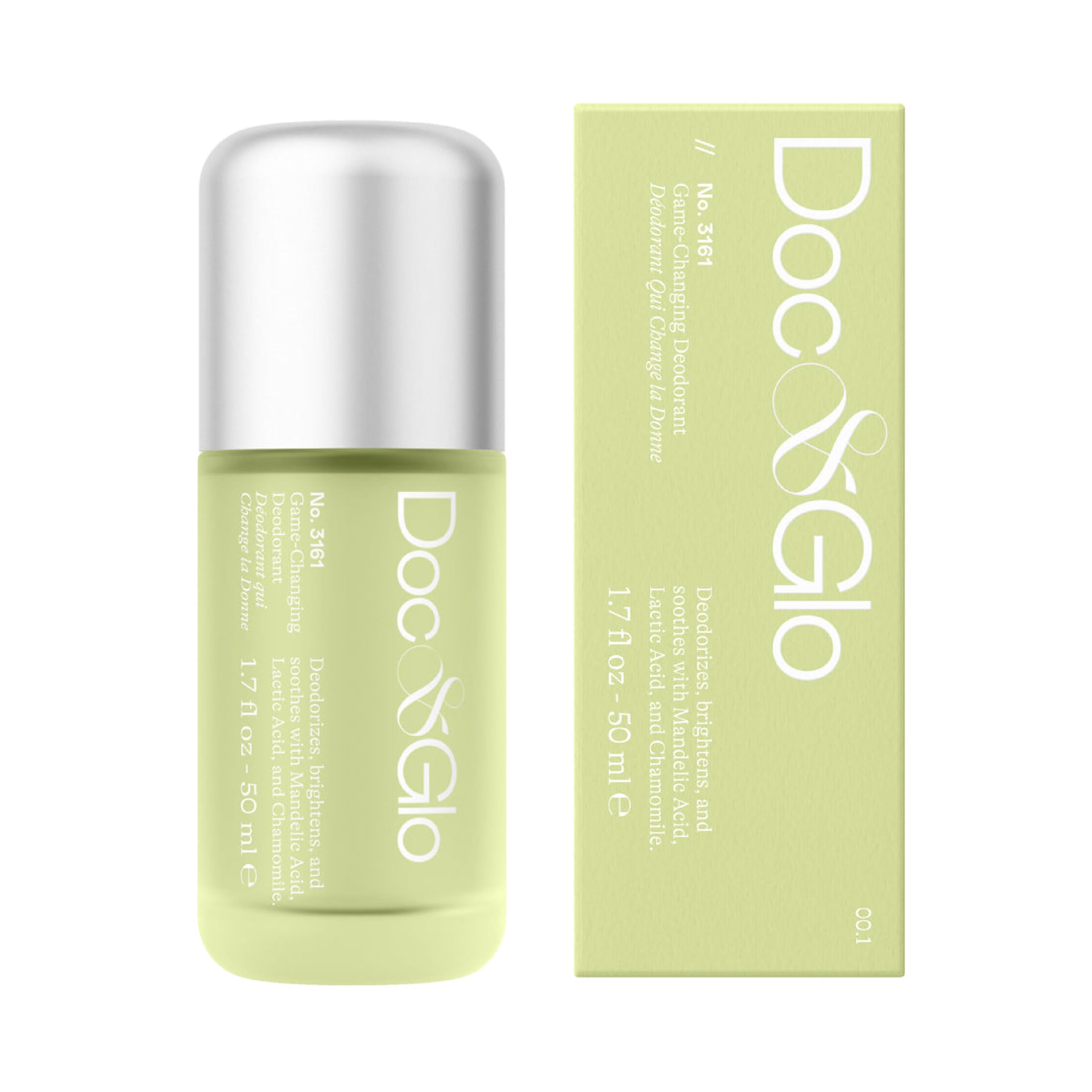 Doc & Glo front packaging showing compact deodorant for easy travel
