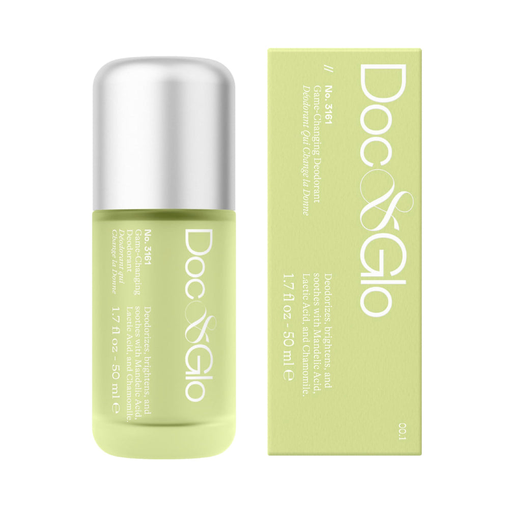 Doc & Glo front packaging showing compact deodorant for easy travel