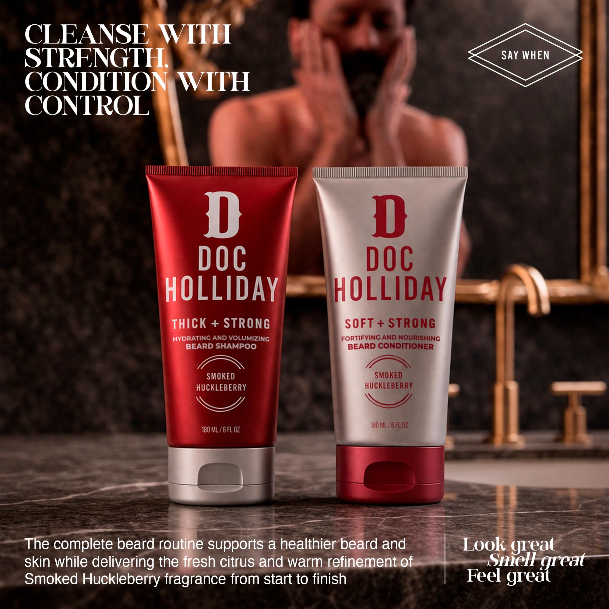 DOC HOLLIDAY beard lather in palm illustrating thorough, gentle cleansing