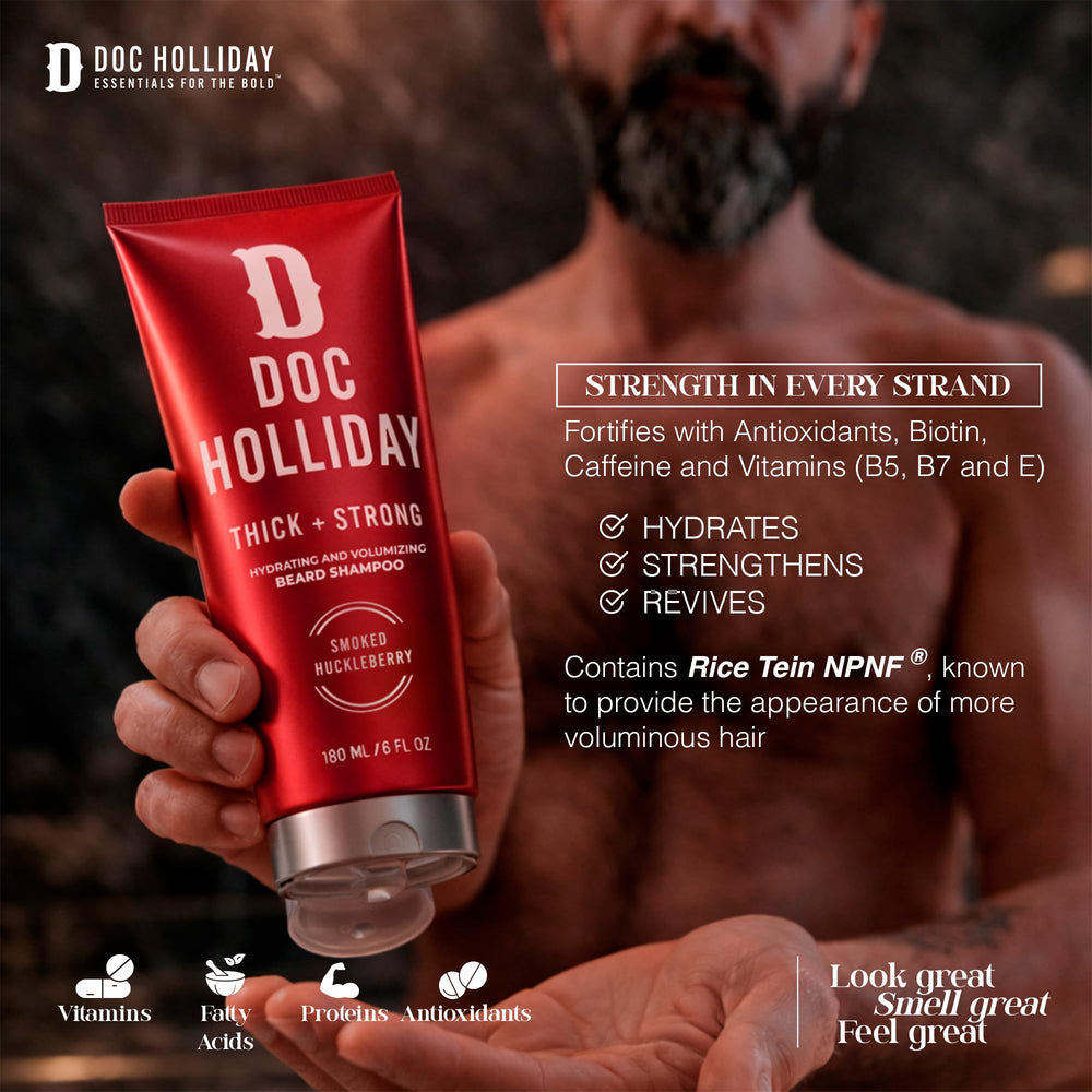 DOC HOLLIDAY shampoo being massaged into a beard demonstrating thorough cleansing and comfort