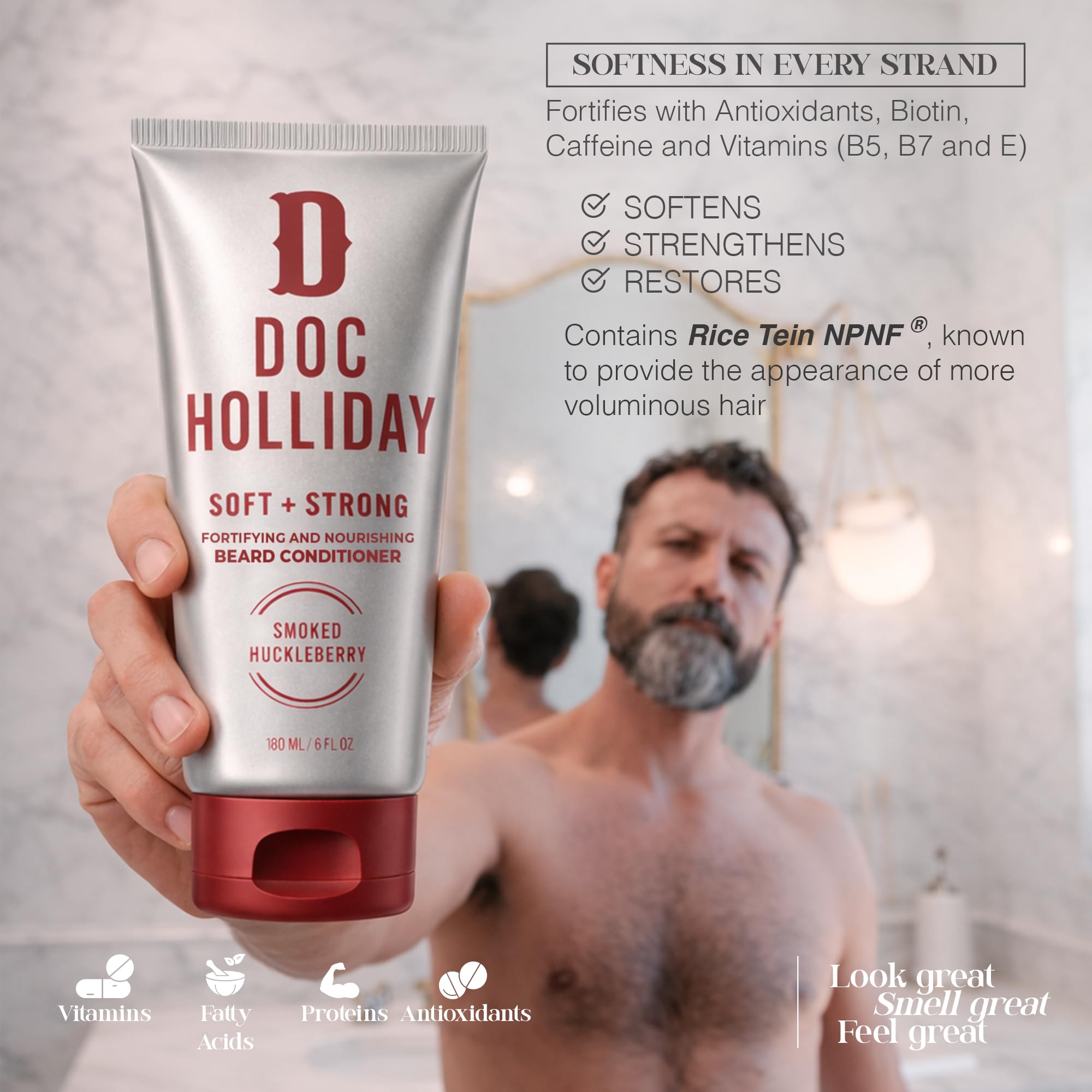 DOC HOLLIDAY label highlighting natural ingredients and strengthening benefits