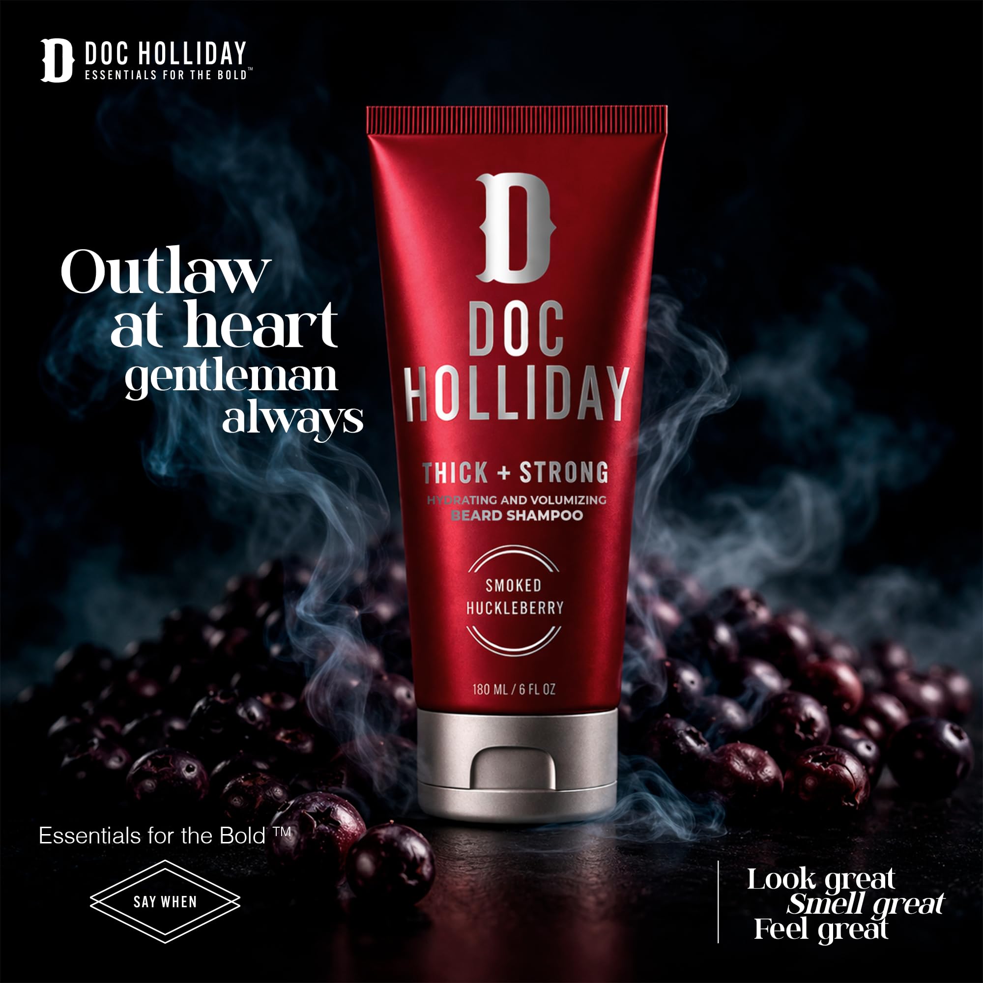 DOC HOLLIDAY pump and label detail highlighting ingredient callouts and easy dispensing
