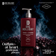 DOC HOLLIDAY close-up of pump and label highlighting easy dispensing and clear branding