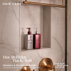 DOC HOLLIDAY shampoo texture on palm illustrating lightweight lather benefit