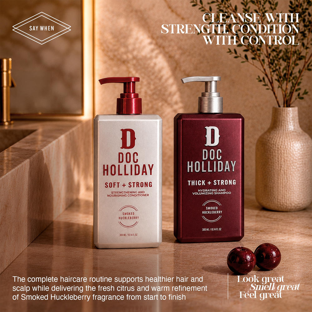 DOC HOLLIDAY bottle next to hand showing 300 mL scale and travel-friendly benefit