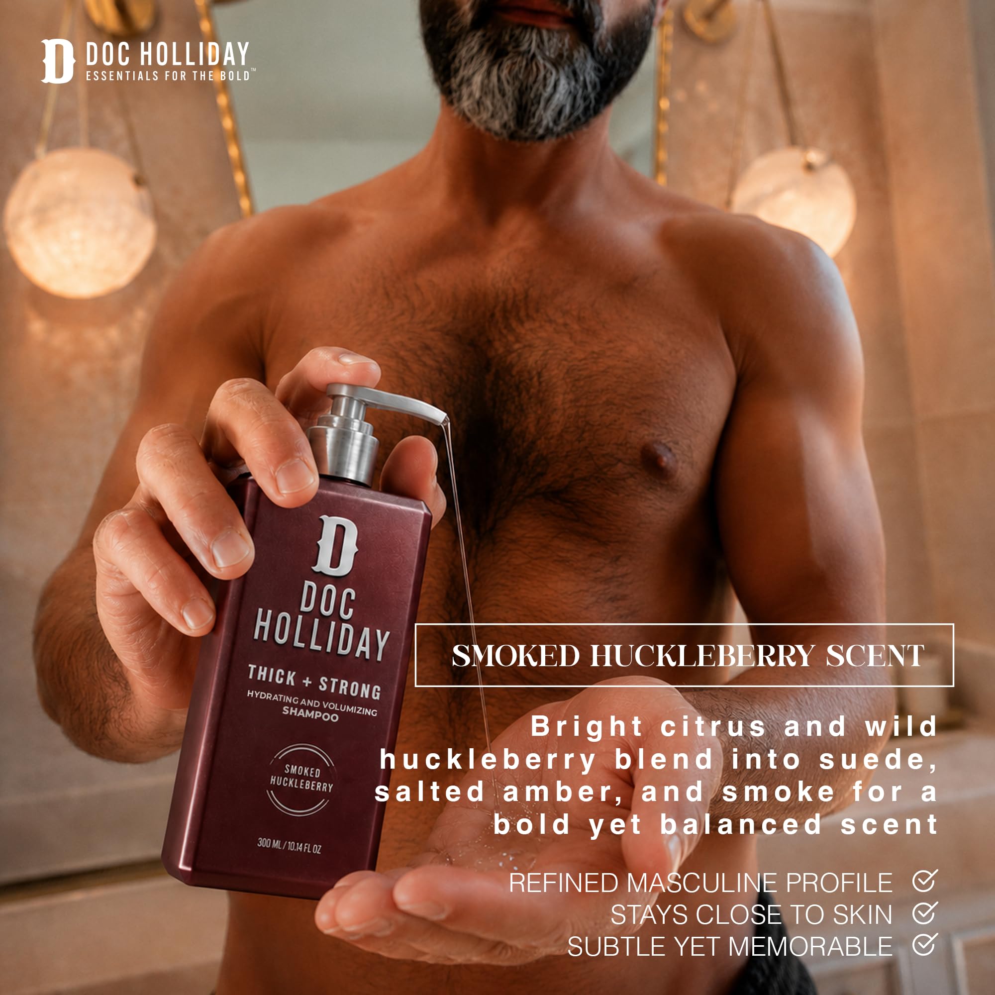 DOC HOLLIDAY bottle beside ruler showing 300 mL scale and travel-ready convenience