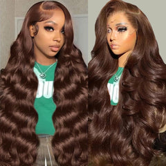 Dochuman front view showing chocolate brown wig and natural hairline benefit realistic look