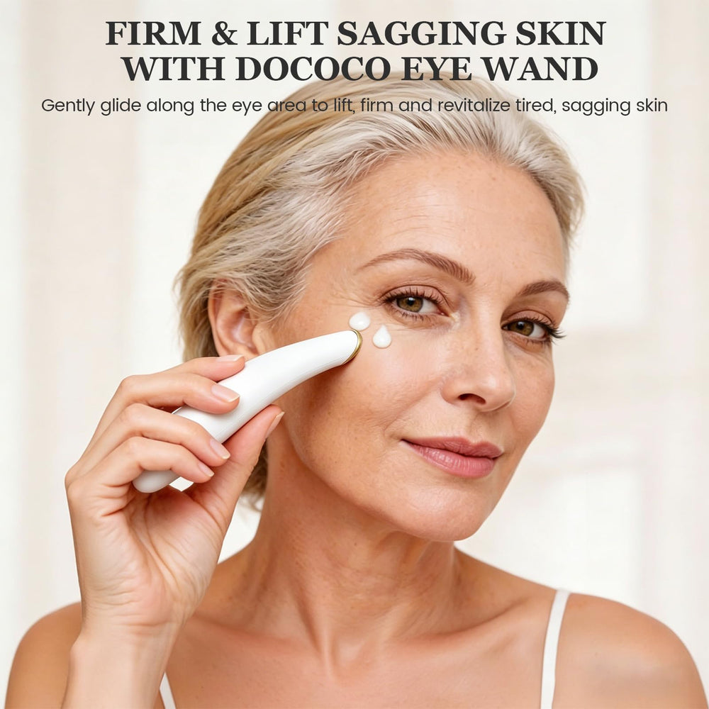 DOCOCO massager in use under eye demonstrating gentle massage and benefit reduced tension