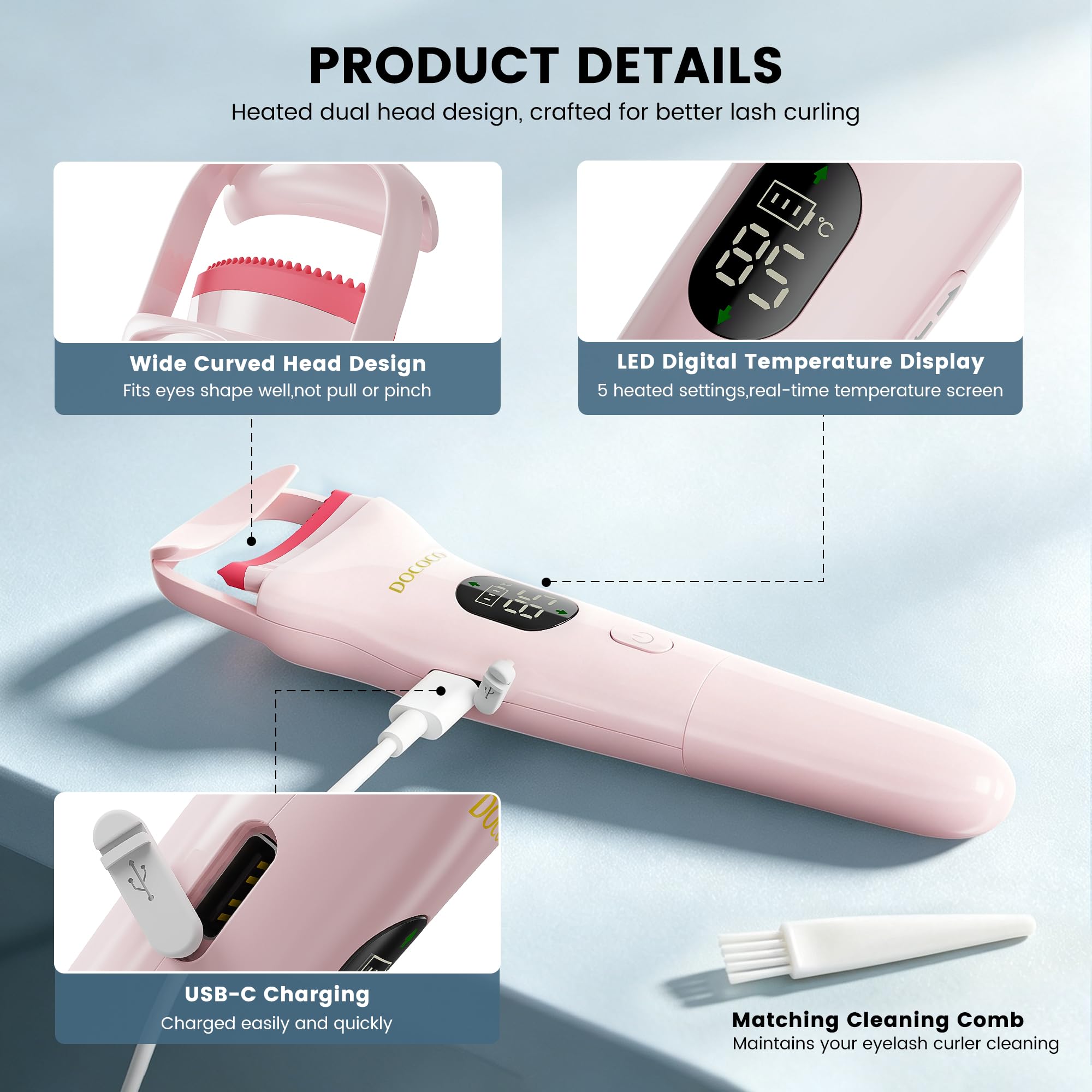 DOCOCO curler in use on model, creates open-eyed lifted lashes