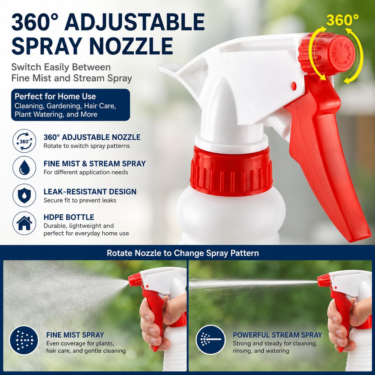 Doilomand nozzle detail showing mist, stream, and off positions for versatility