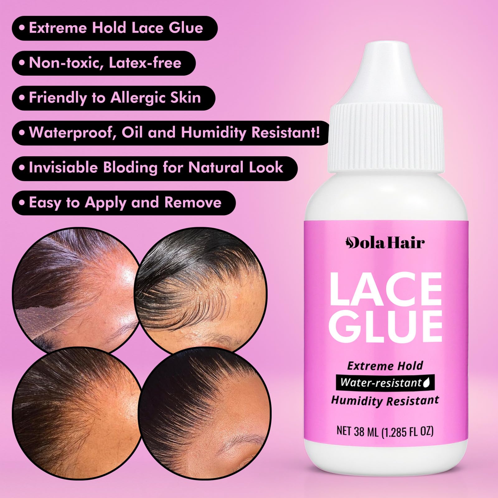 Dolahair glue and remover bottles for secure yet removable hold
