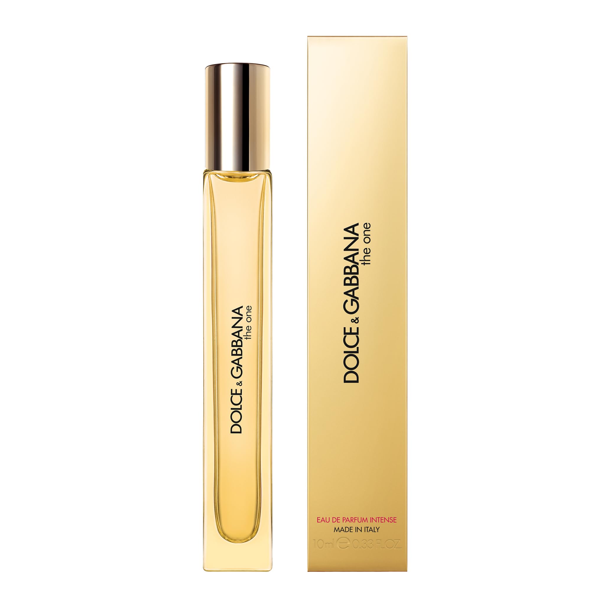 Dolce&Gabbana side profile of the travel bottle highlighting silhouette and amber tone