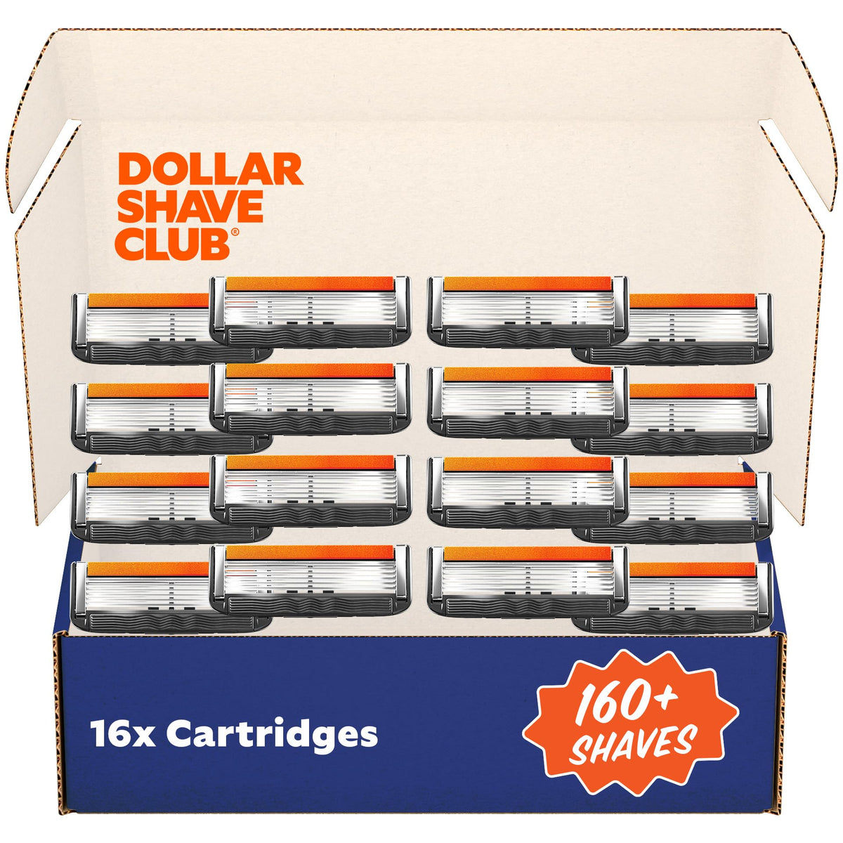 Dollar Shave Club 6-blade pack front view showing cartridges and brand benefit of value
