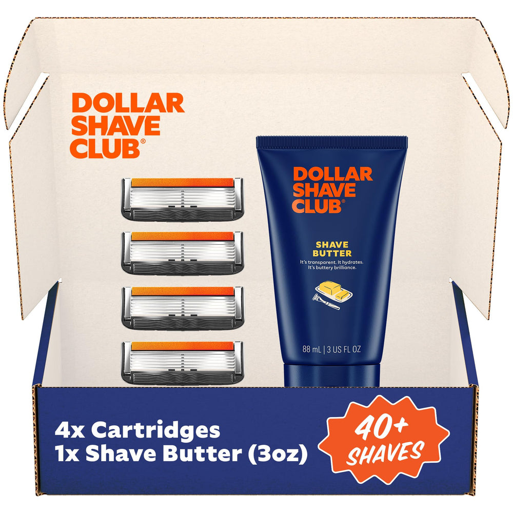 Dollar Shave Club front packaging showing refills and shave butter for convenience
