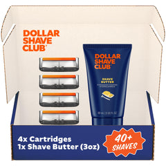 Dollar Shave Club front packaging showing refills and shave butter for convenience