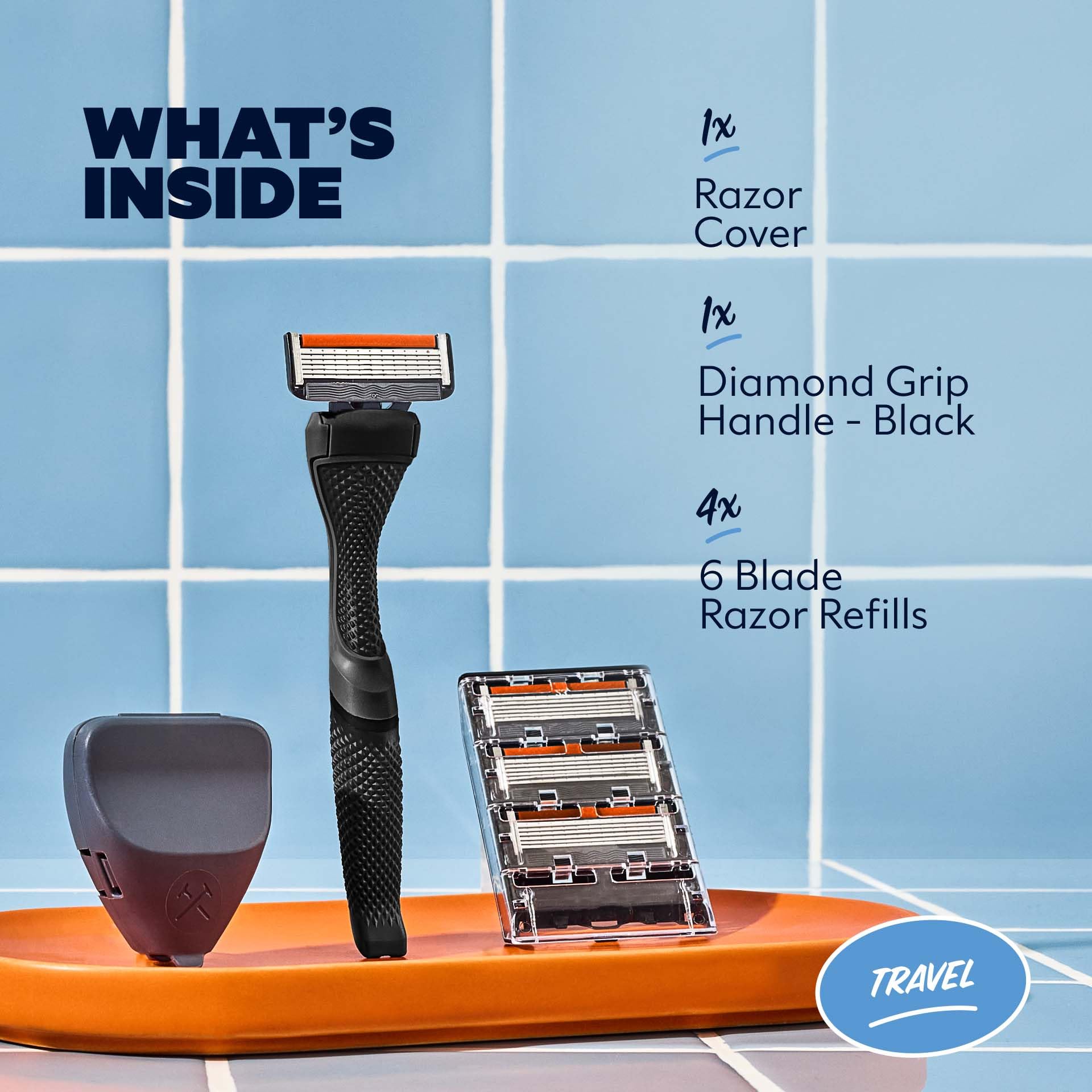 Dollar Shave Club handle close-up highlighting non-slip diamond grip for control
