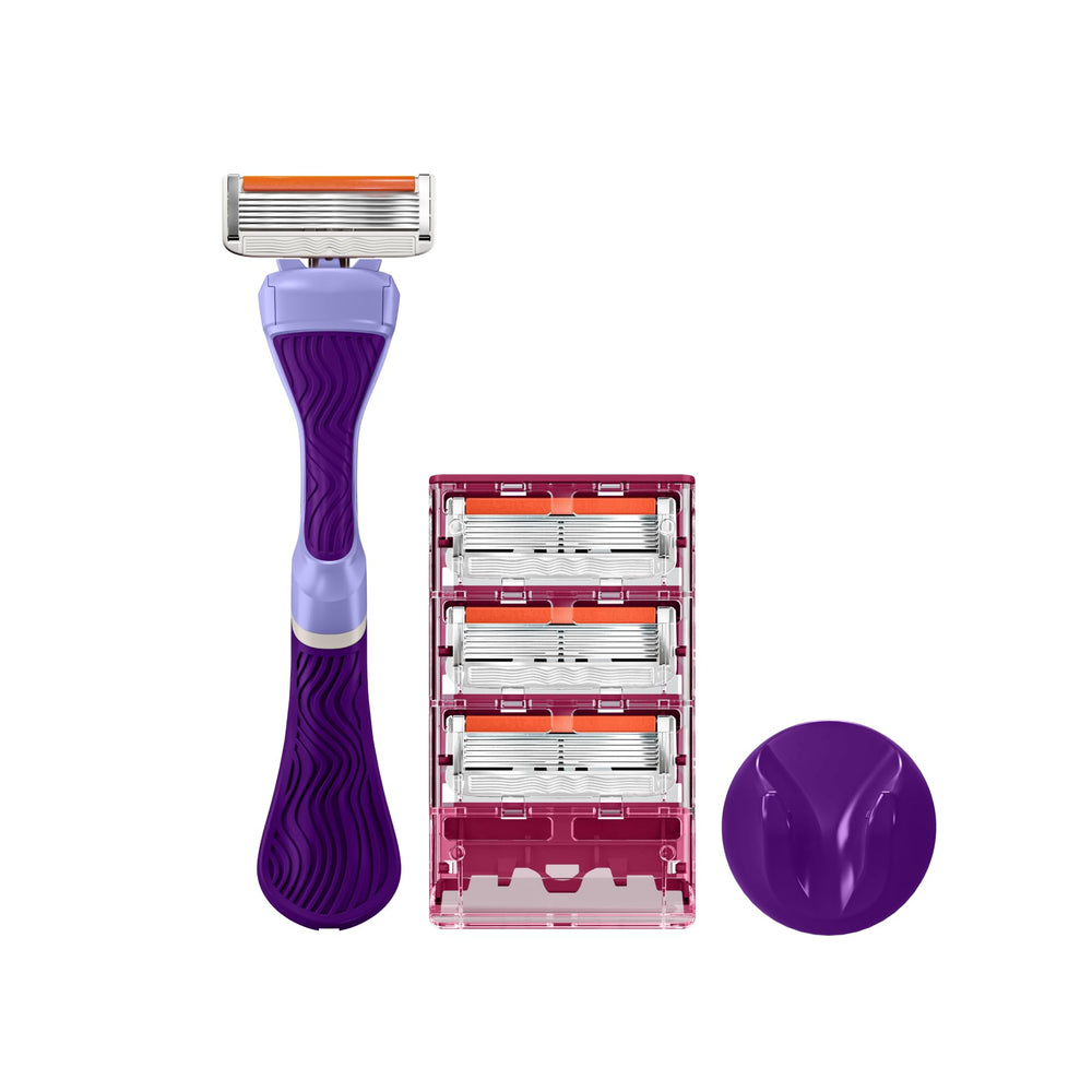 Dollar Shave Club purple handle front view showing easy control and comfort