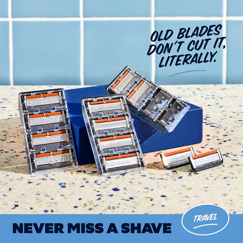 Dollar Shave Club kit beside a passport showing compact size for trips