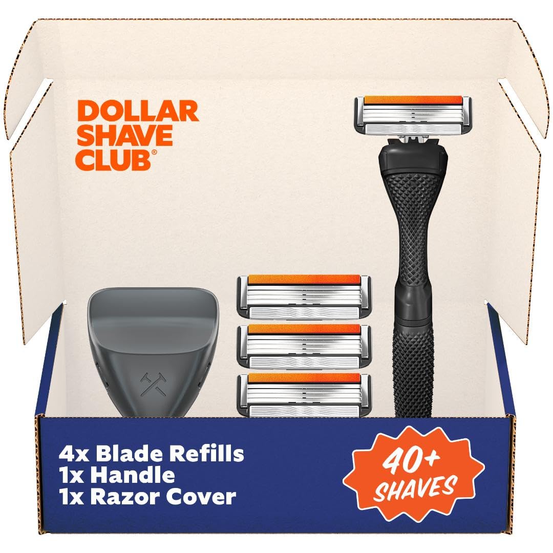 Dollar Shave Club travel kit front view showing handle and cartridges for compact convenience