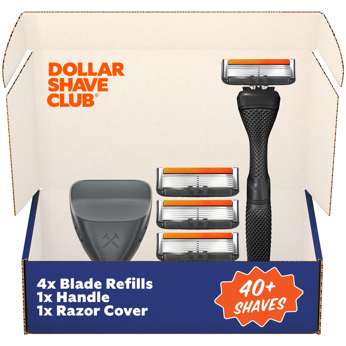 Dollar Shave Club front view of travel shave set showing compact kit and benefits