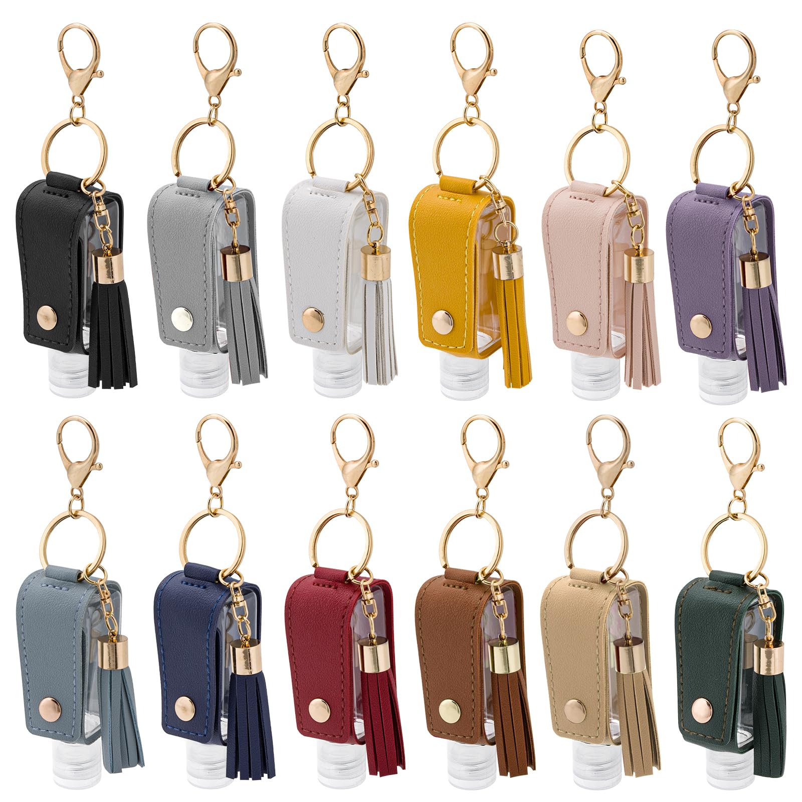 Dollform front view of 12 colorful keychain bottles showing portability and variety