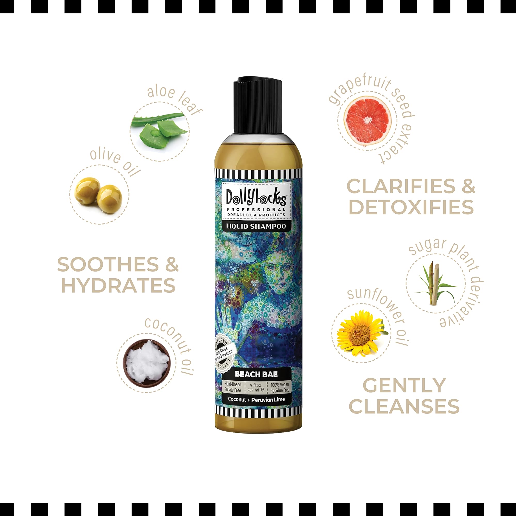 Dollylocks bottle staged by tropical props conveying coconut lime fragrance