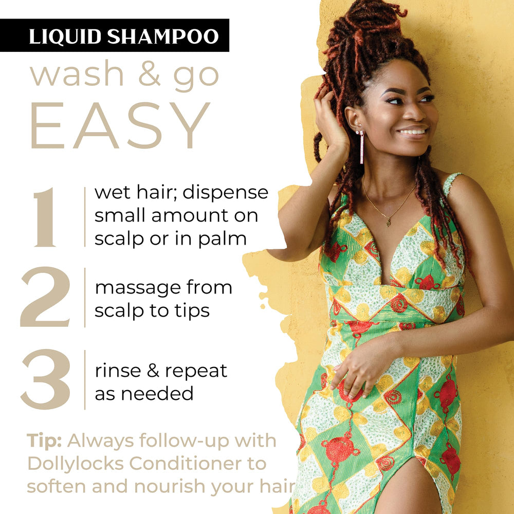 Dollylocks shampoo texture poured to show lightweight, clarifying lather