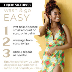 Dollylocks shampoo texture poured to show lightweight, clarifying lather
