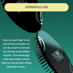 Dom Dom detangler paddle closeup showing cushioned base that reduces tension and pain