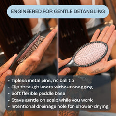 Dom Dom detangler pins detail displaying tipless metal pins that glide through knots smoothly