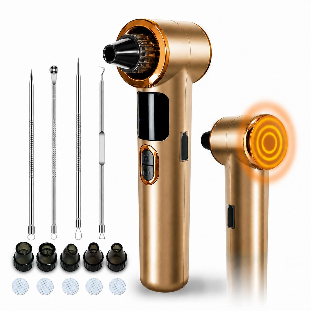 Domelisq front view of gold pore vacuum showing design and portability benefit