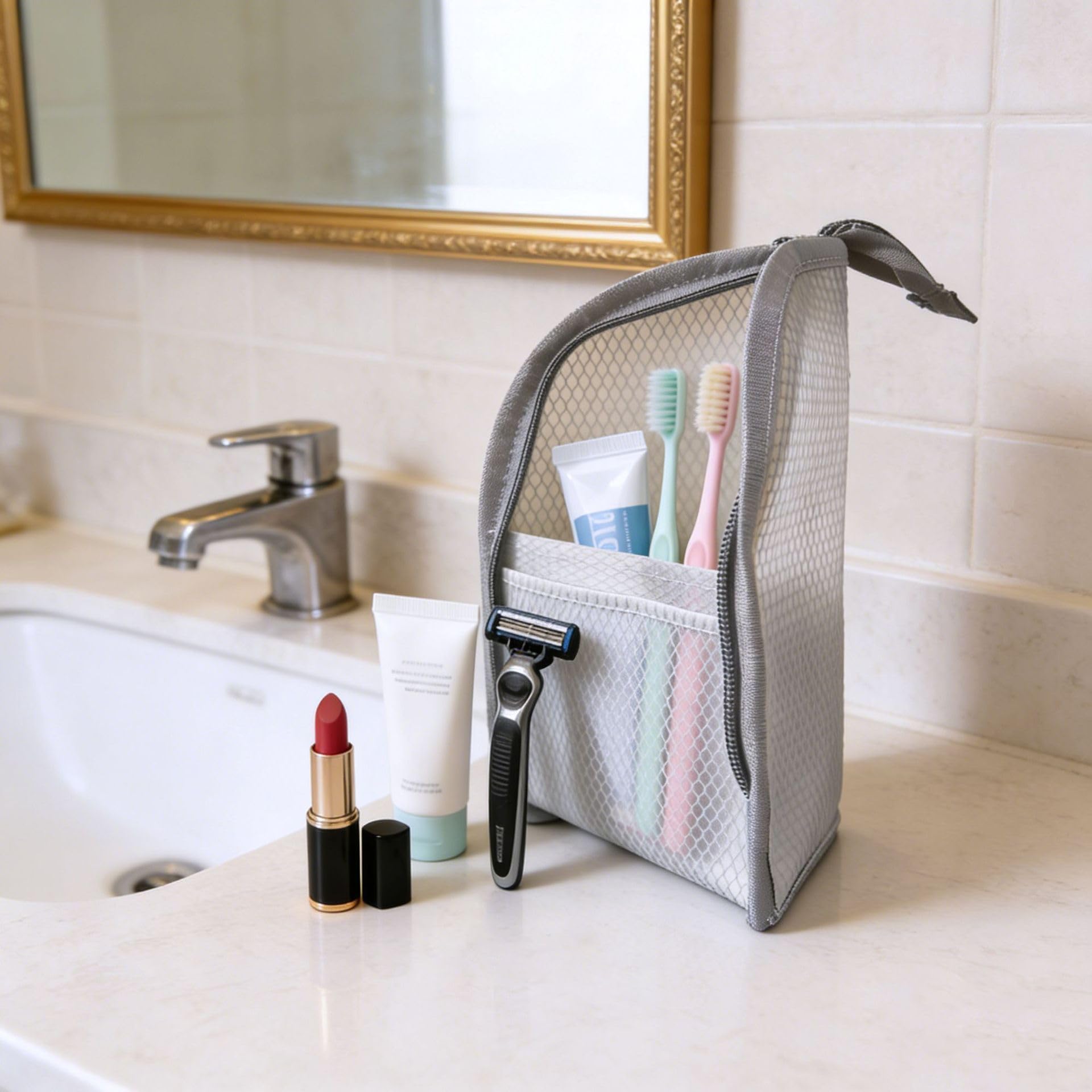 DomesticEdge interior view showing dividers and elastic loops to keep toiletries organized